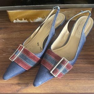 Coach sling back low heel shoes denim with leather stripe and buckle on front